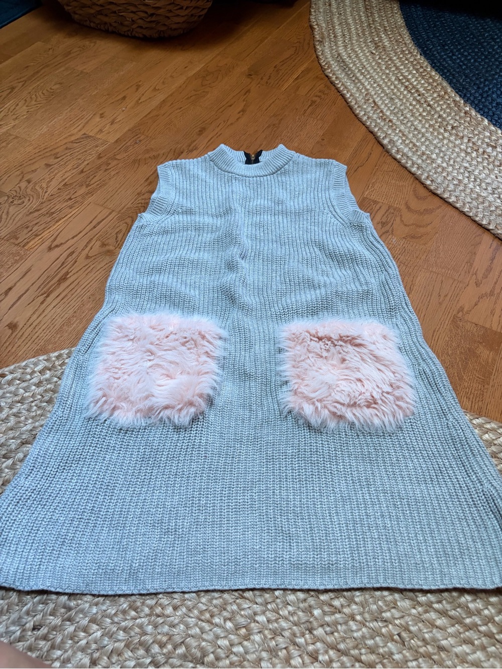Crewcuts Light Gray Knit Dress with Pink Faux-Fur Pockets